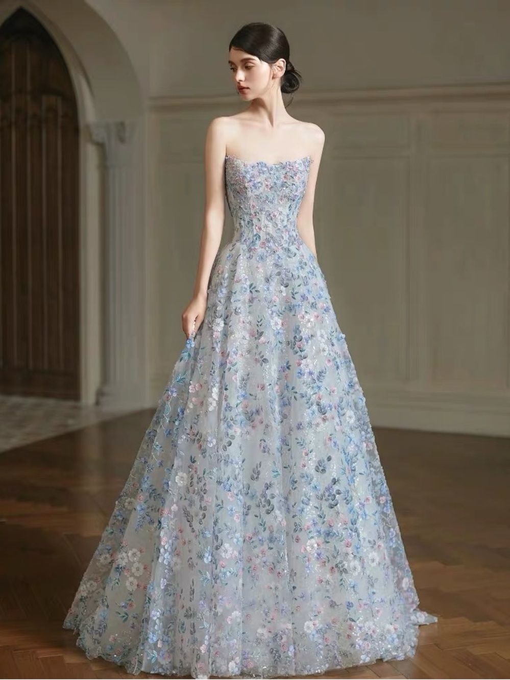 Strapless Light Blue Floral A-Line Evening Dress